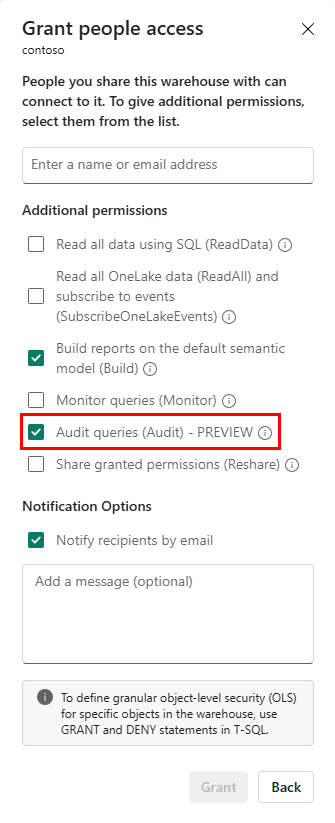 Captura de pantalla que muestra dónde seleccionar el permiso Audit queries (Audit) en el menú Compartir elemento.