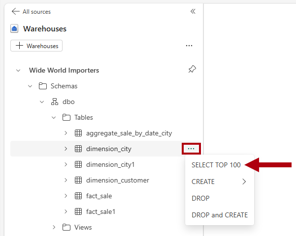 captura de pantalla del panel Explorador, resaltando la selección de la opción SELECT TOP 100.