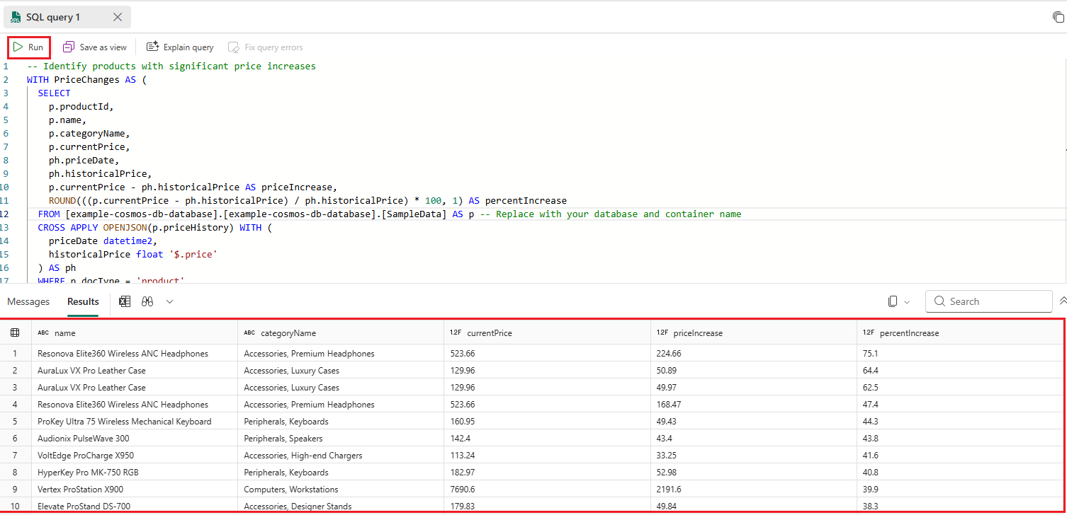 Captura de pantalla de una consulta de Transact SQL (T-SQL) de OPENJSON mediante el editor de consultas en el punto de conexión de SQL Analytics para un escenario avanzado.