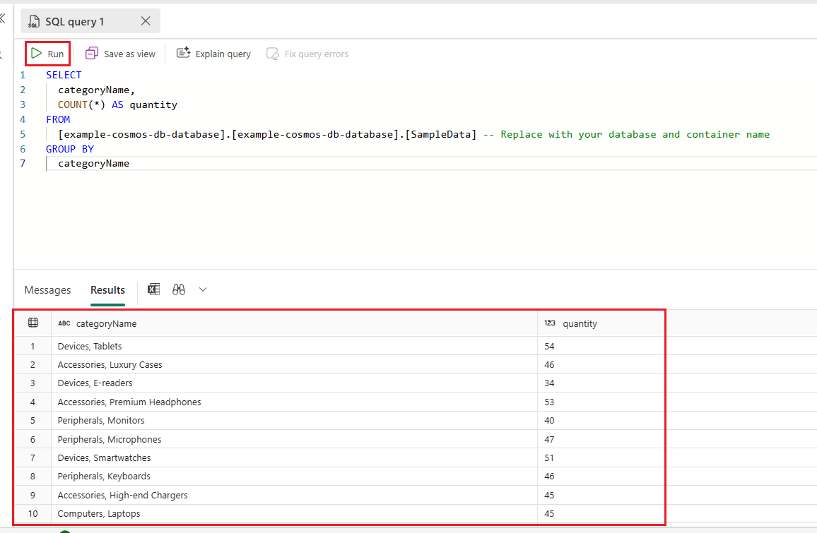 Captura de pantalla de una consulta de Transact SQL (T-SQL) mediante el editor de consultas en el punto de conexión de SQL Analytics para un escenario básico.