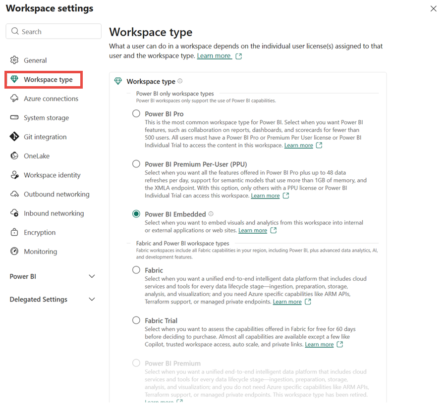 Captura de pantalla del tipo de área de trabajo en la configuración del área de trabajo.