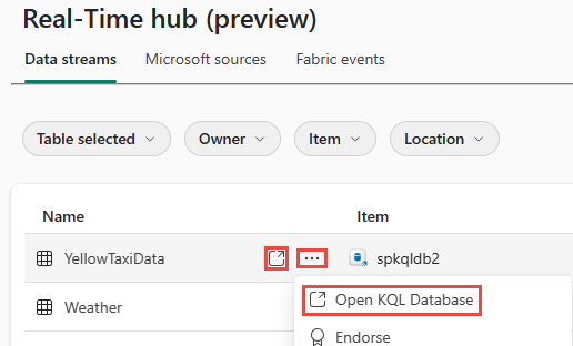 Captura de pantalla en la que se muestran los vínculos Abrir base de datos KQL para una secuencia de tipo Tabla.