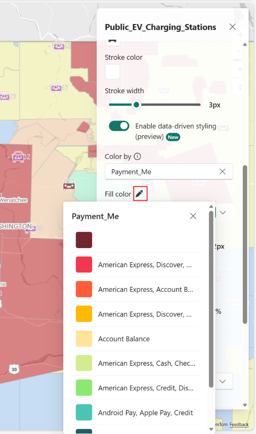 Captura de pantalla que muestra un panel de personalización de Fabric Maps que muestra la opción Color by con un menú desplegable que muestra diferentes categorías, cada una con las muestras de color correspondientes que van desde rojo oscuro a teal, que se usa para asignar colores distintos a cada categoría en estilos controlados por datos.