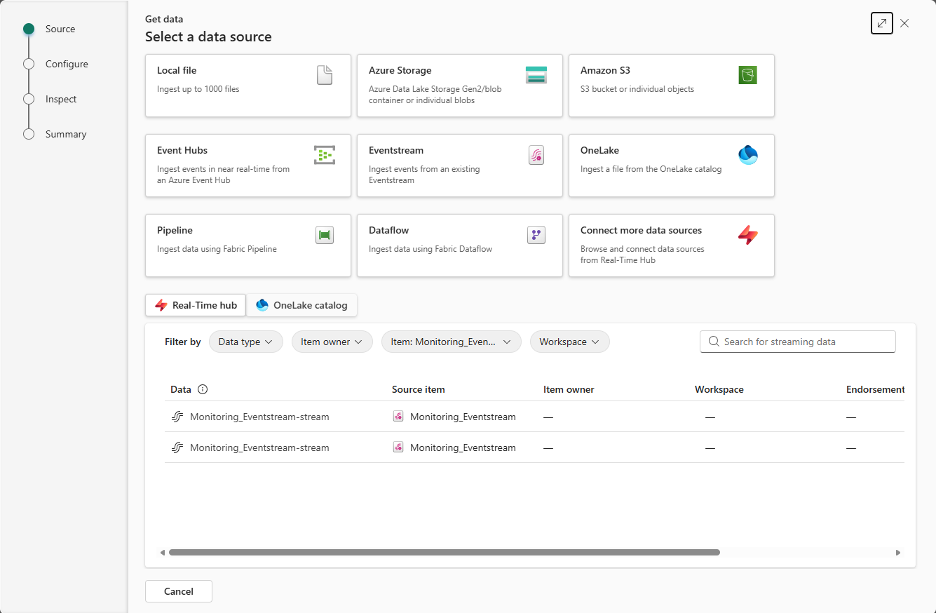 Captura de pantalla de los tipos de datos disponibles en la experiencia de obtener datos en Eventhouses en Real-Time Intelligence.