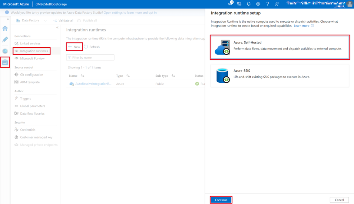 Captura de pantalla de la página del servicio Azure Portal Data Factory con Azure autohospedado seleccionado.