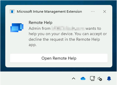Captura de pantalla del equipo del sharer en la que se muestra el mensaje para iniciar una sesión de Ayuda remota mediante la característica Inicio remoto.