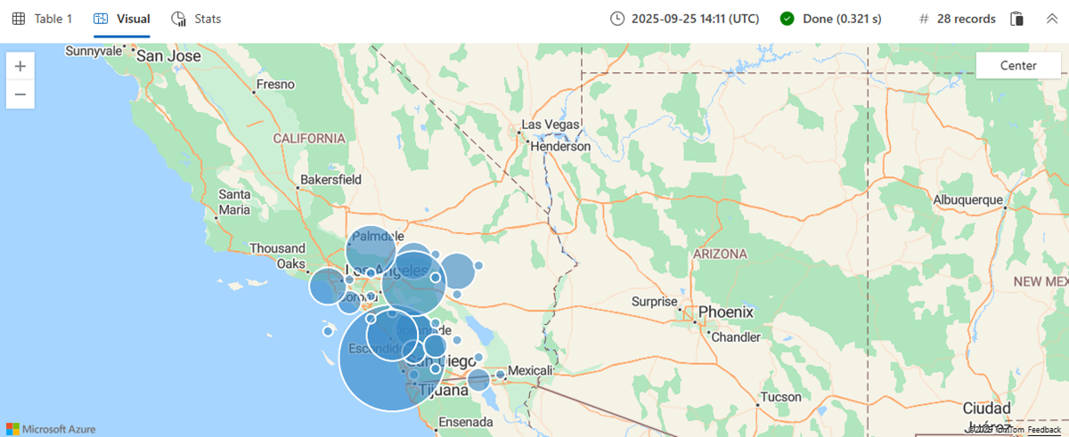 Captura de pantalla de la interfaz de usuario web de Azure Data Explorer que muestra un mapa geoespacial de las tormentas del sur de California.
