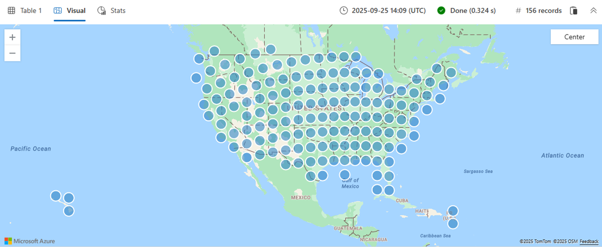 Captura de pantalla de eventos de storm de ejemplo que se muestran mediante geojson.
