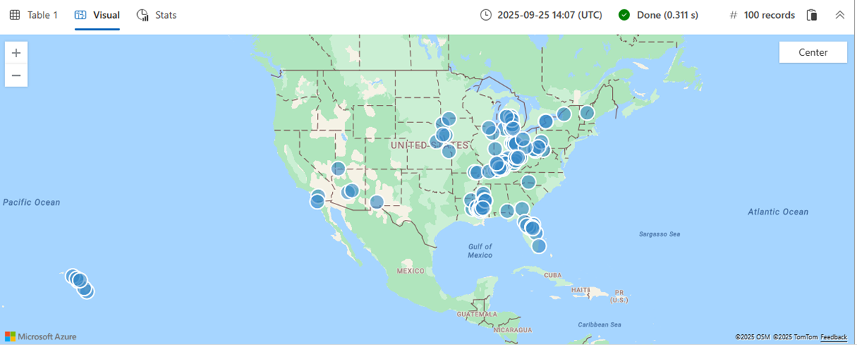 Captura de pantalla de eventos de storm de ejemplo en un mapa.