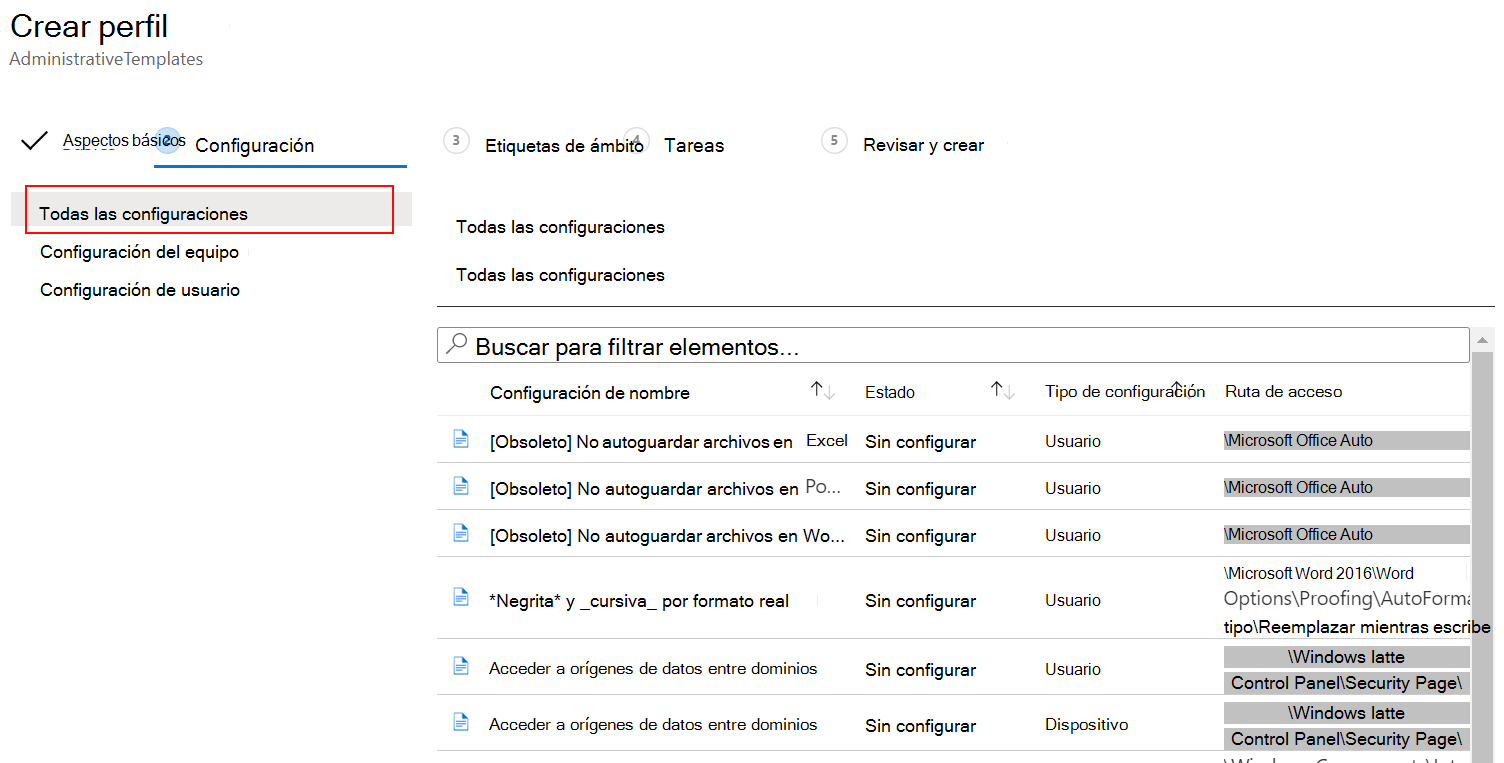 Captura de pantalla que muestra cómo seleccionar Toda la configuración mediante la directiva de plantilla ADMX en Microsoft Intune.