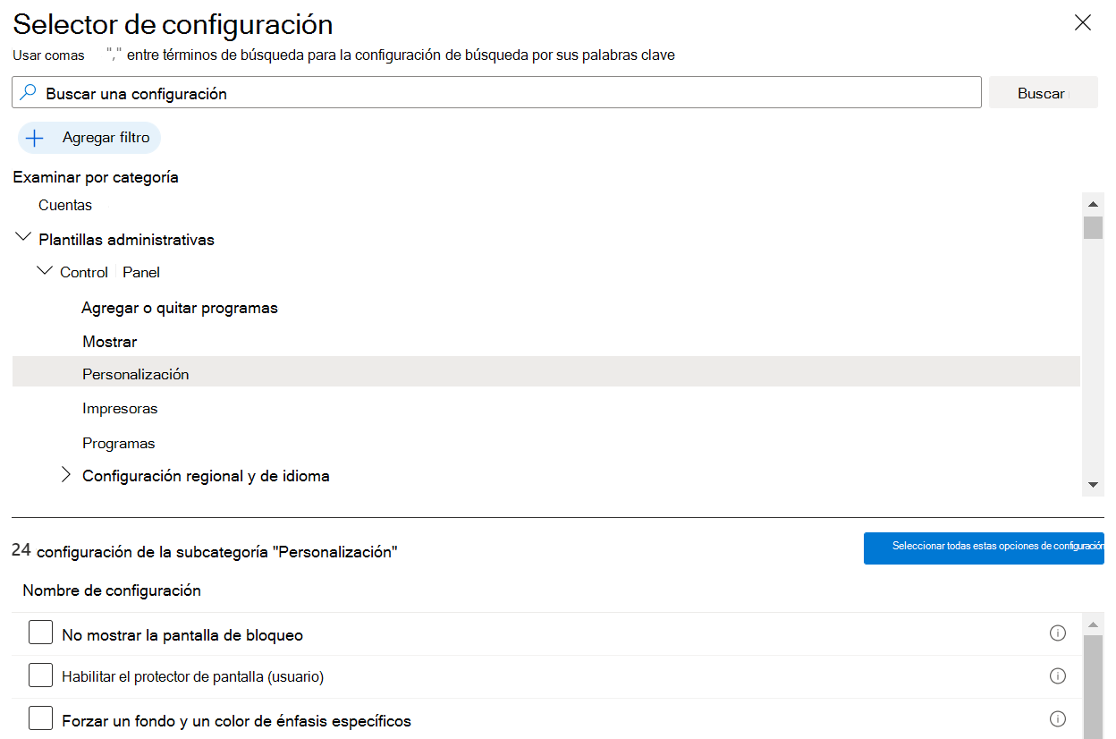 Captura de pantalla que muestra cómo expandir plantillas administrativas en una directiva de catálogo de configuración en Microsoft Intune.