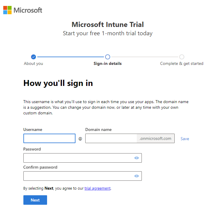 Captura de pantalla de la página Configuración de la cuenta de Microsoft Intune: Inicio de sesión