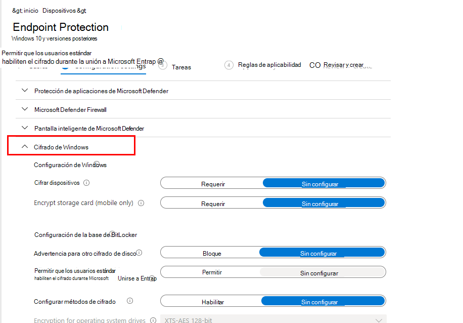 Selección de la configuración de cifrado de Windows