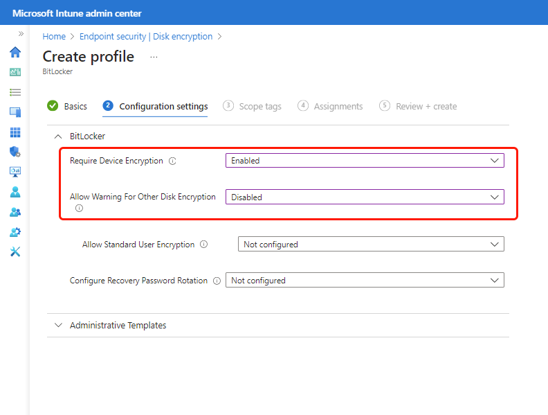 Dos configuraciones de BitLocker necesarias para habilitar el cifrado silencioso.