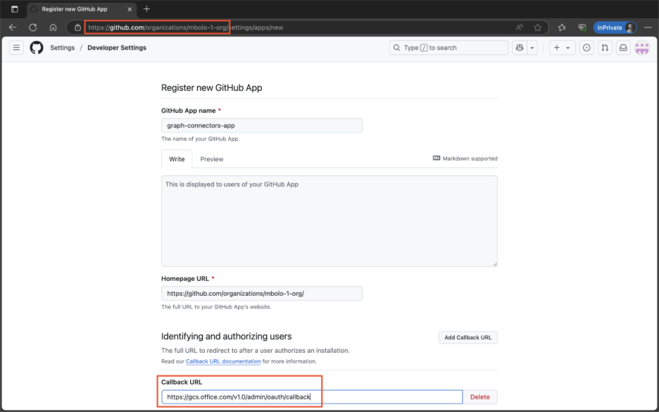 Screenshot of GitHub with Callback URL highlighted.