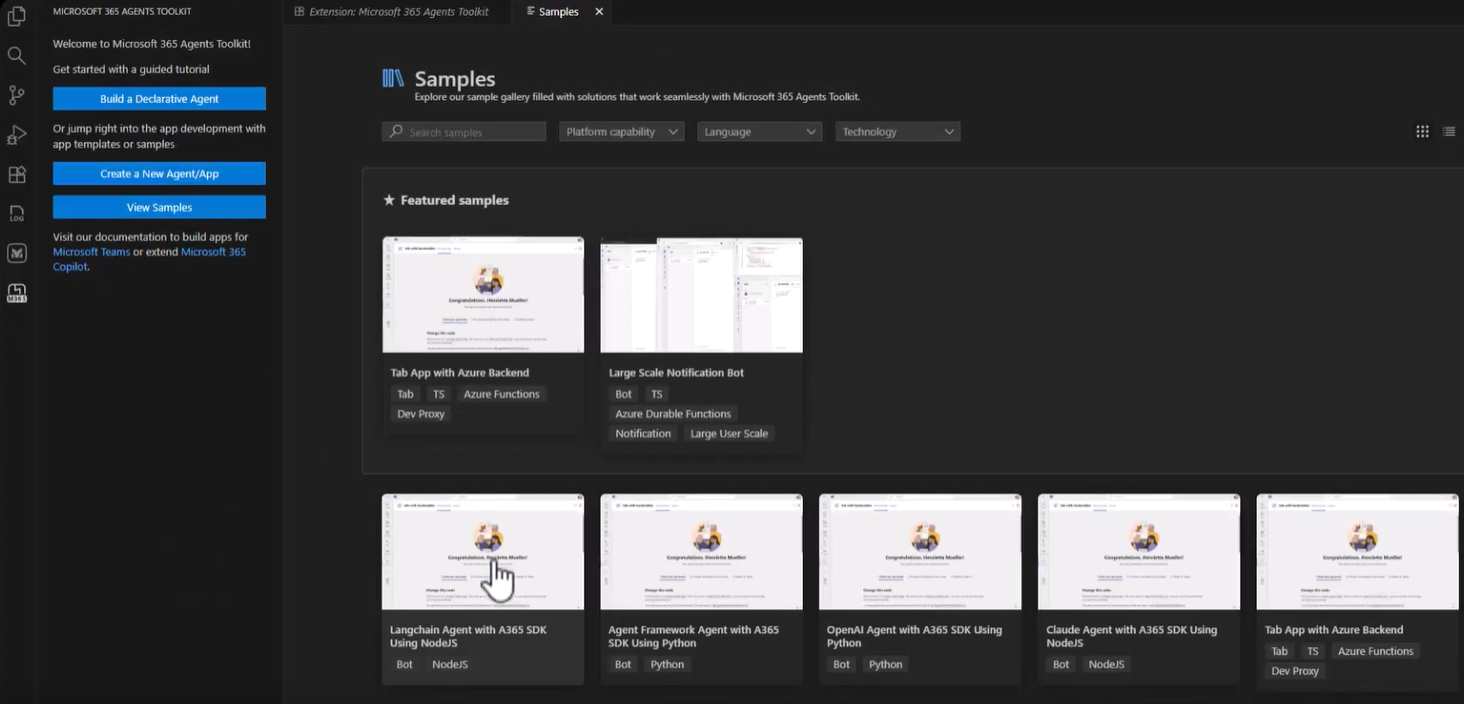 Captura de pantalla de la vista de bienvenida del kit de herramientas con crear un agente declarativo, crear un nuevo agente o aplicación y ver las opciones Ejemplos.
