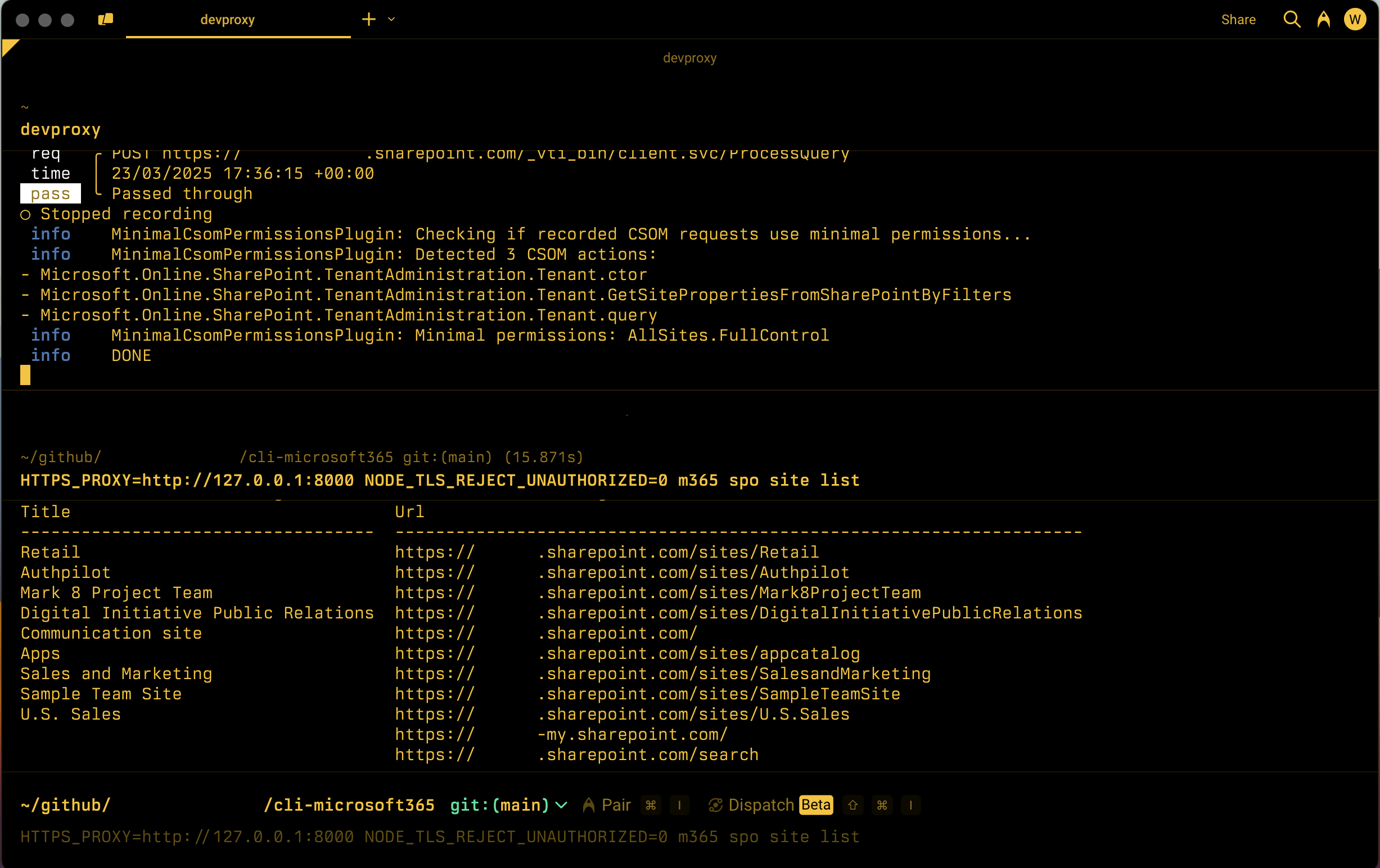 Captura de pantalla de una línea de comandos en la que se muestran los permisos mínimos necesarios para llamar al conjunto registrado de API de CSOM de SharePoint.
