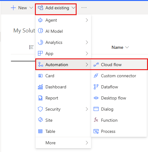 Captura de pantalla que muestra el menú «Agregar existente».