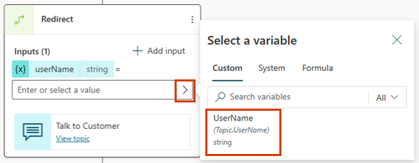 Captura de pantalla del tema Saludar con el valor de la variable de nombre de usuario seleccionado.