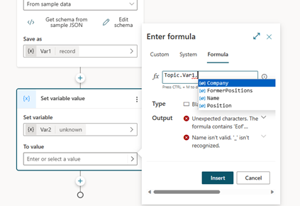 Captura de pantalla que muestra el acceso a intellisense completo para varias propiedades a través del editor Power FX.