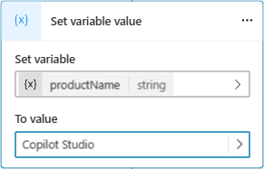 Captura de pantalla que muestra el uso de un valor literal para una variable denominada productName.
