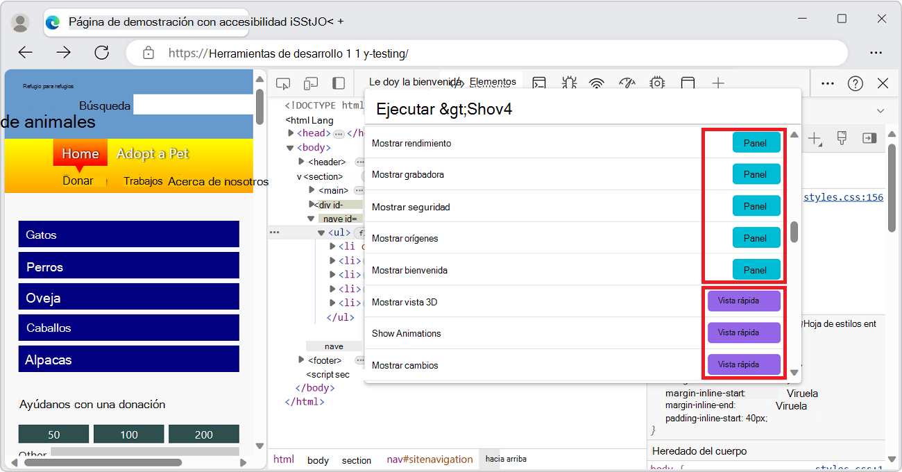 El menú Comando, que muestra las herramientas del panel agrupadas y, a continuación, las herramientas de vista rápida