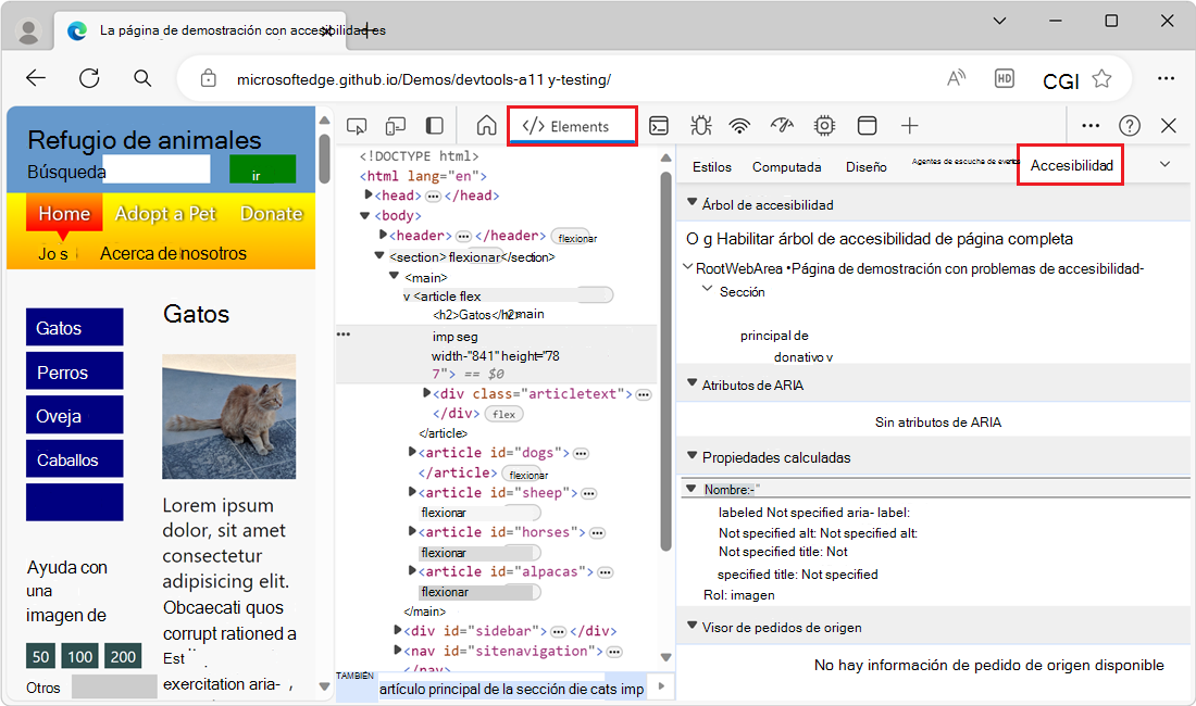 La pestaña Accesibilidad, en el panel lateral de la herramienta Elementos