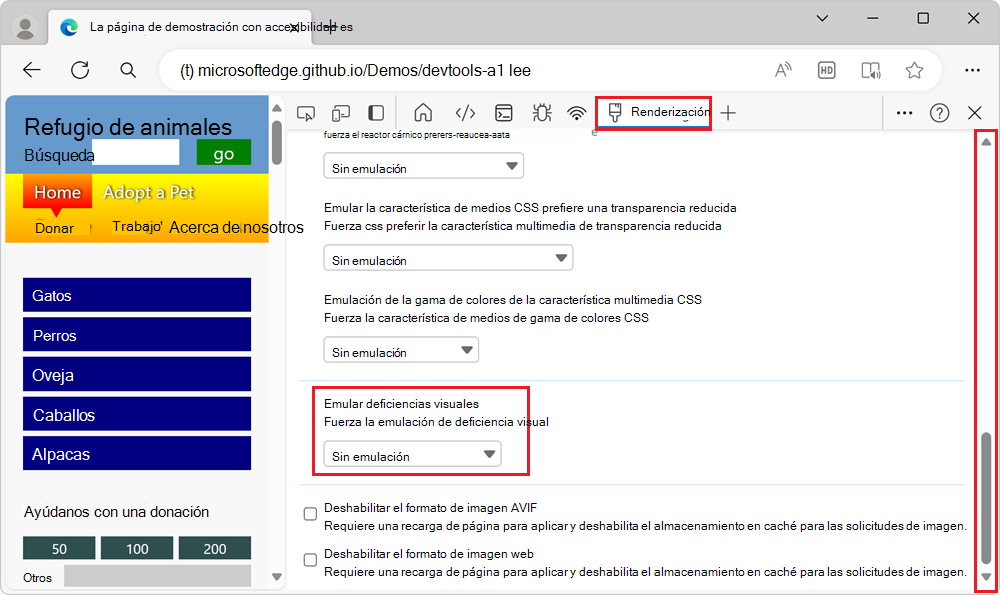 La sección Emular deficiencias de visión de la herramienta de representación