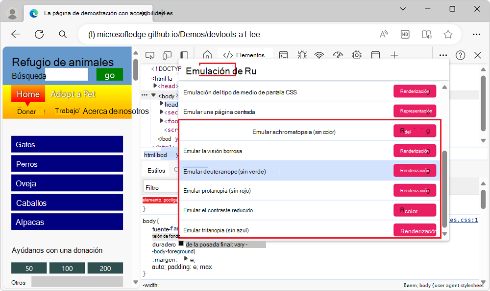 Menú de comandos que muestra los diferentes tipos de deficiencias visuales