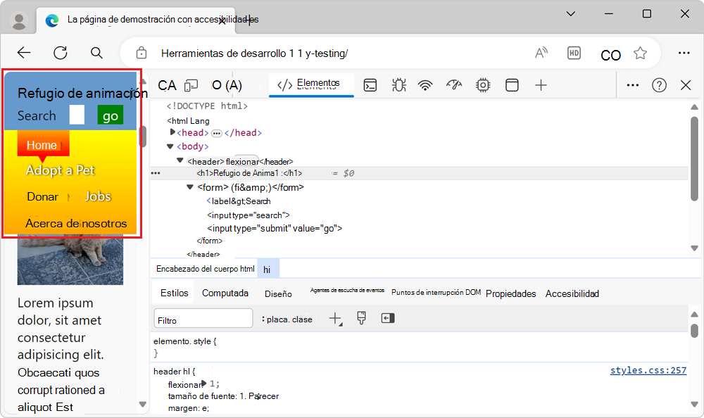 Diseño estrecho, que muestra que la mitad de la página está cubierta por la barra de navegación.