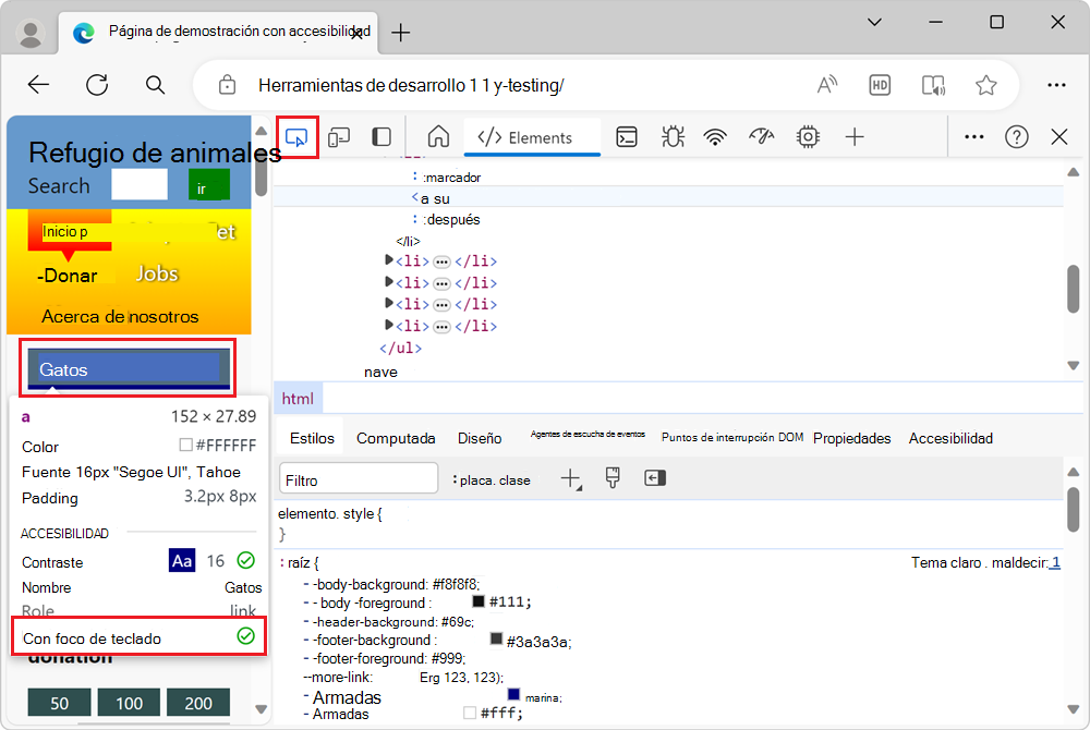 La superposición de la herramienta Inspect en el elemento link
