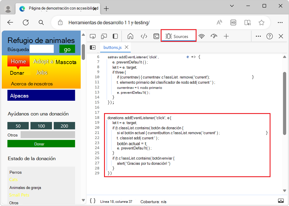 JavaScript responsable de la funcionalidad del formulario de donación, que se muestra en la herramienta Orígenes