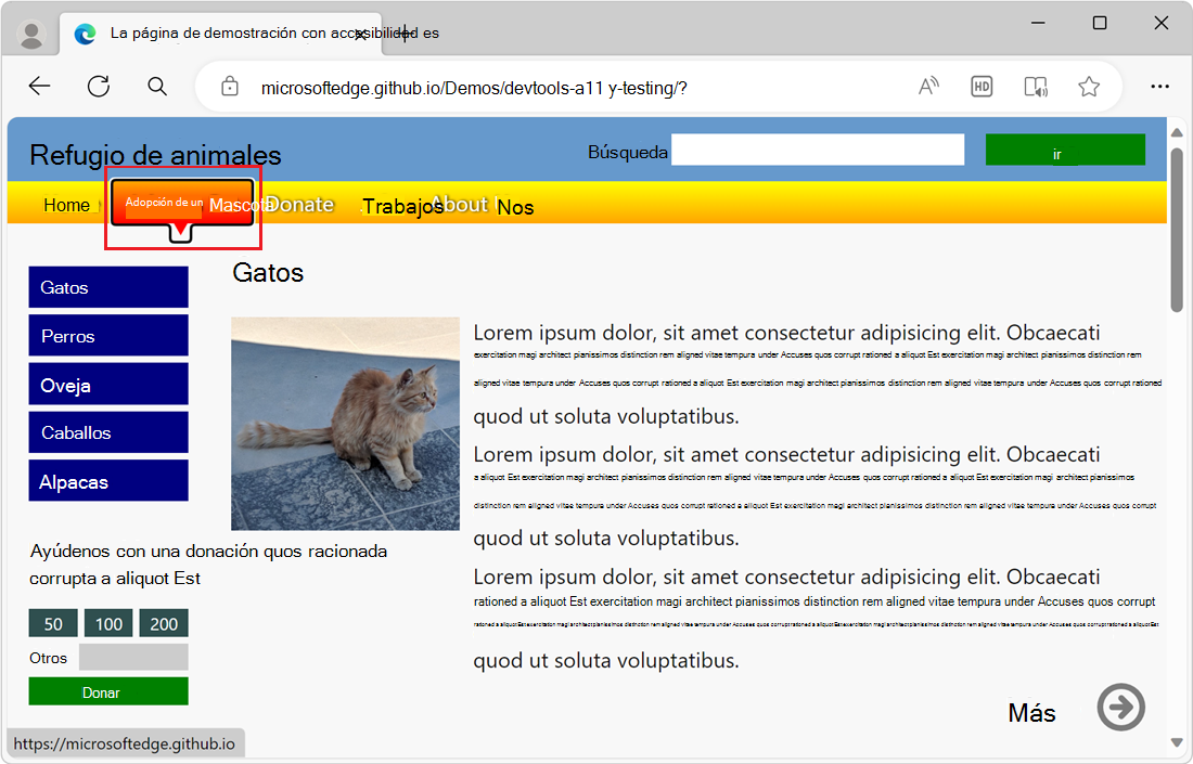 El menú principal tiene un resaltado y un esquema de foco, por lo que es accesible mediante teclado.