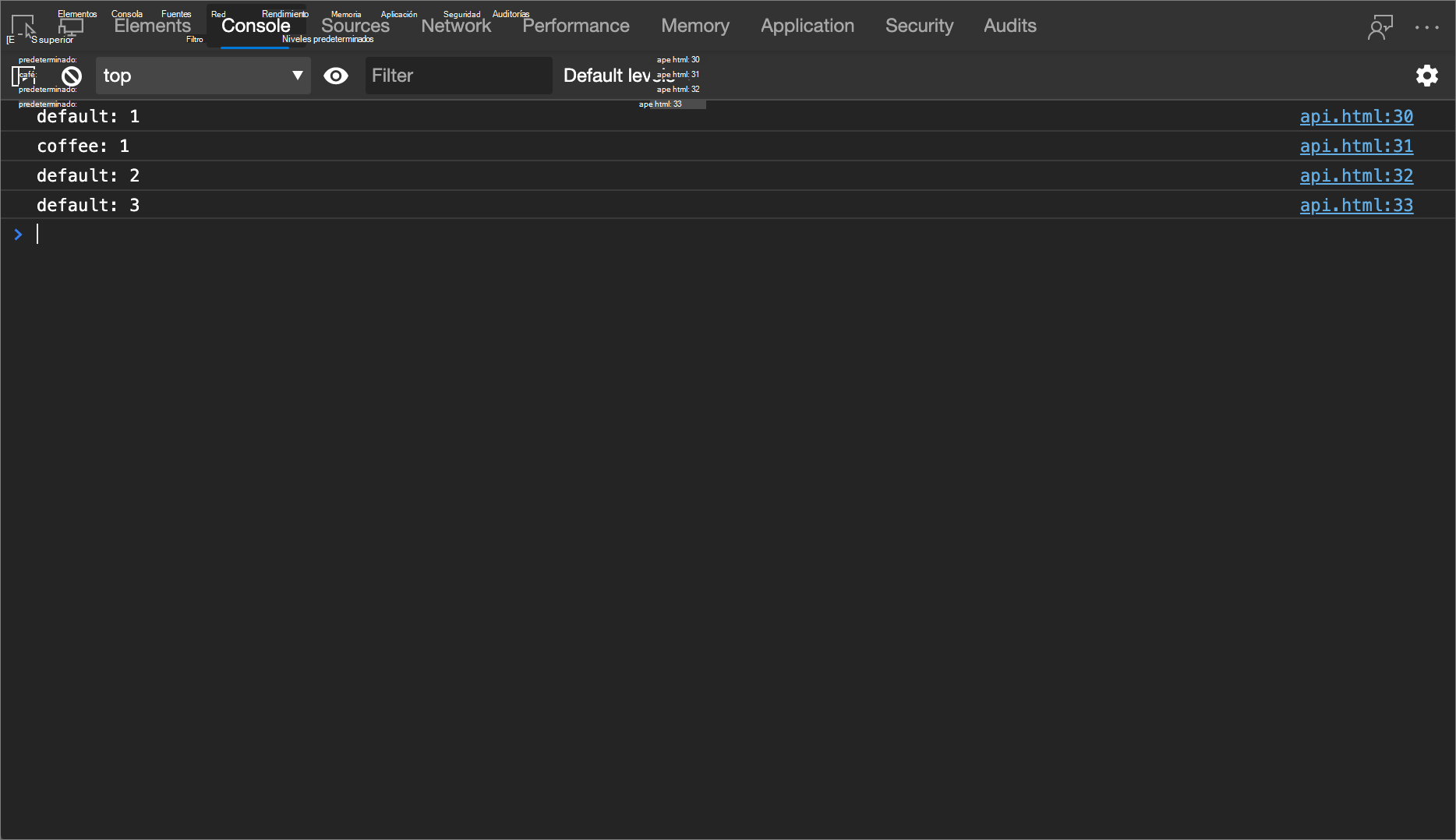 Resultado del ejemplo console.count()