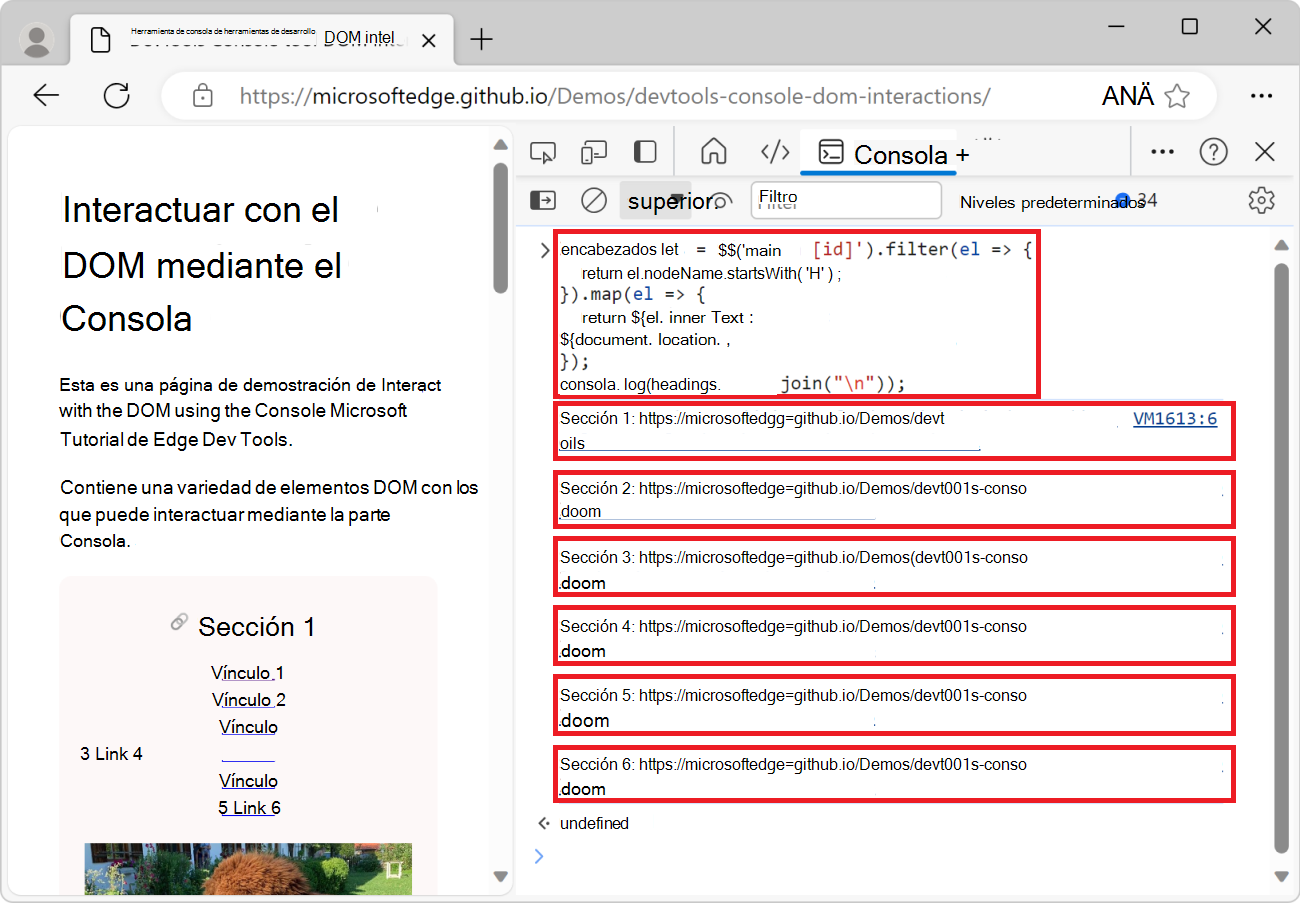 La herramienta Consola, que muestra la lista de todos los encabezados de la página, junto con sus direcciones URL