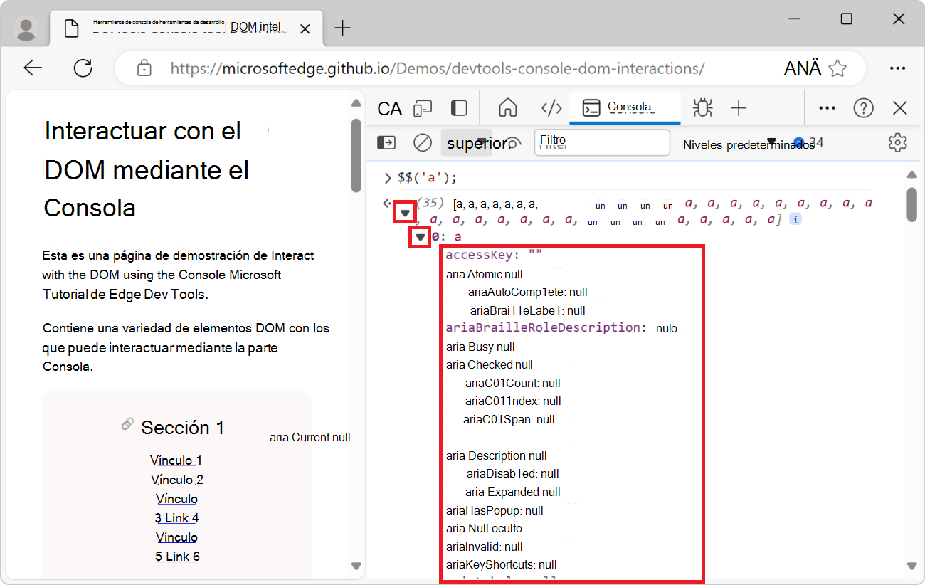 Al expandir el primer elemento de la matriz, se muestran sus propiedades.