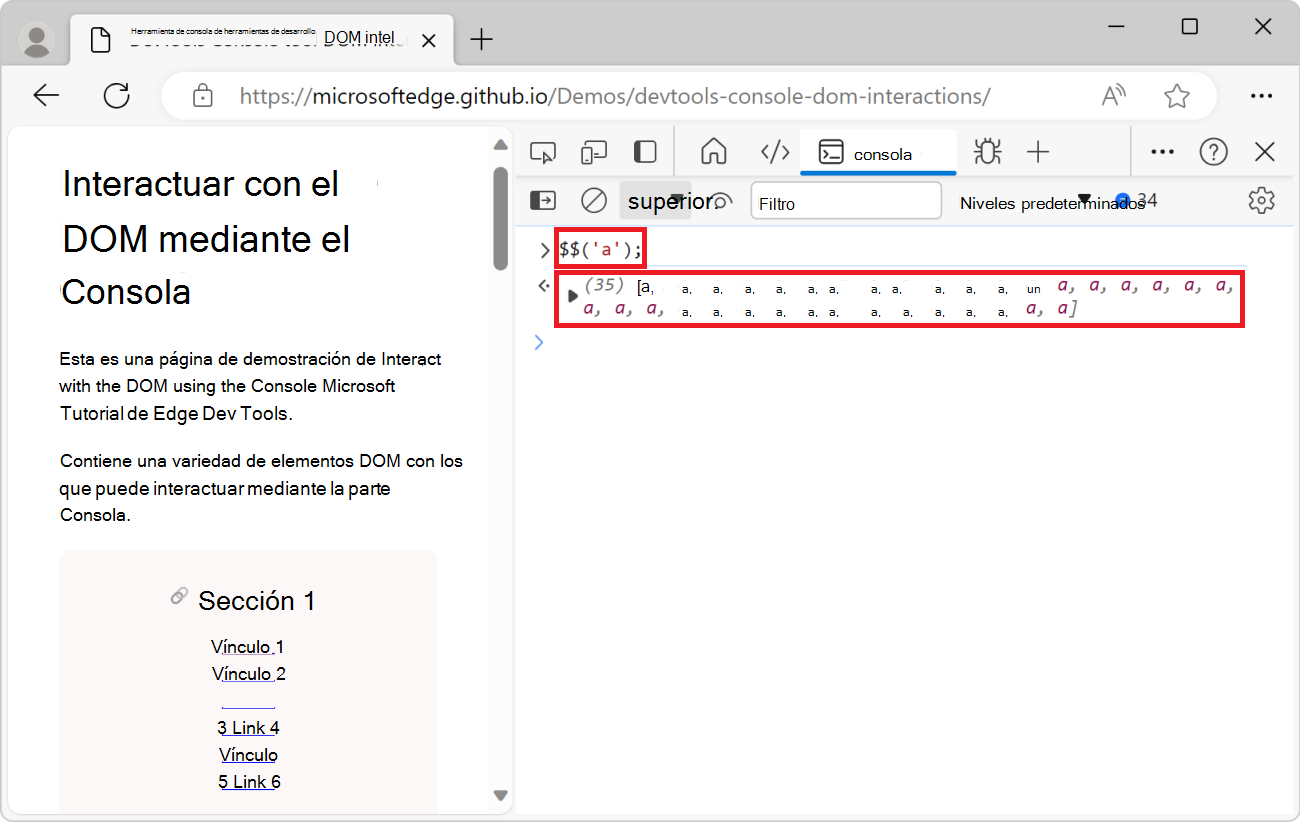 Resultado de la función $$('a') en la consola, que es una matriz de elementos