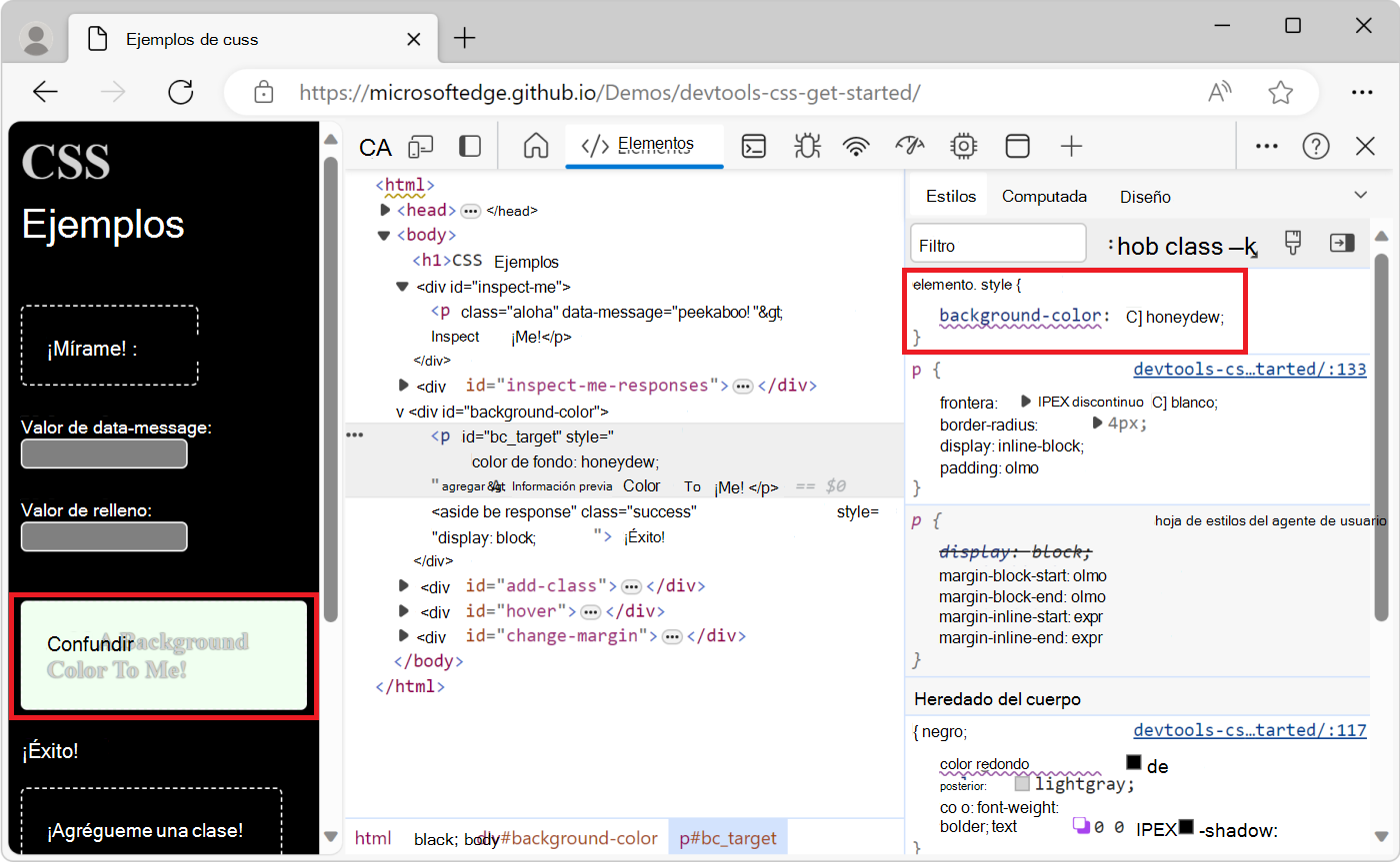 Agregar una declaración CSS al elemento mediante el panel Estilos