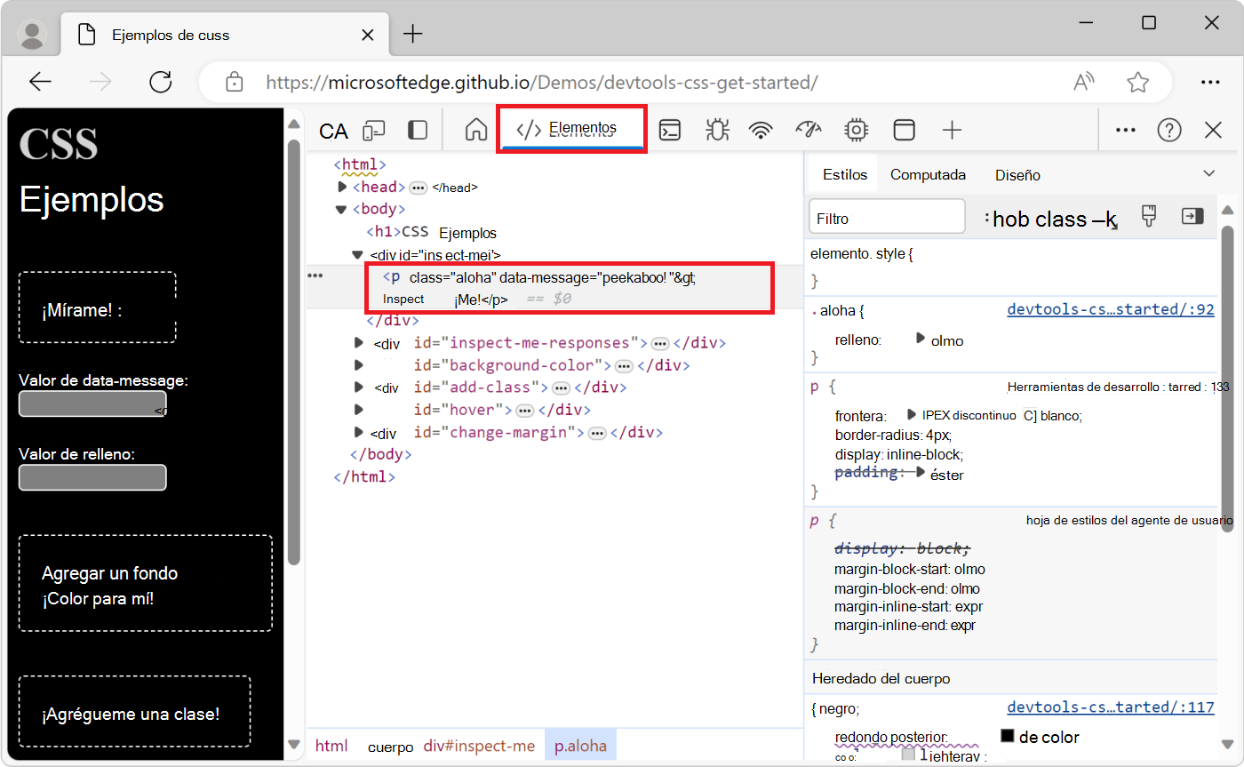 El elemento inspeccionado se resalta en el árbol DOM.