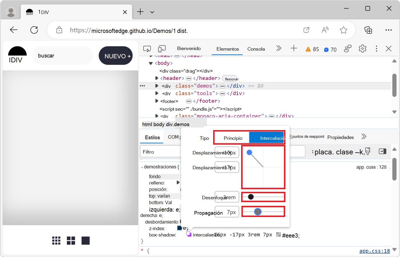 Efecto de los cambios realizados en el Editor de sombras