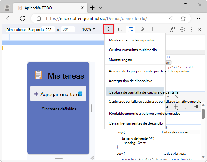 La opción Capturar captura de pantalla en el menú Más opciones