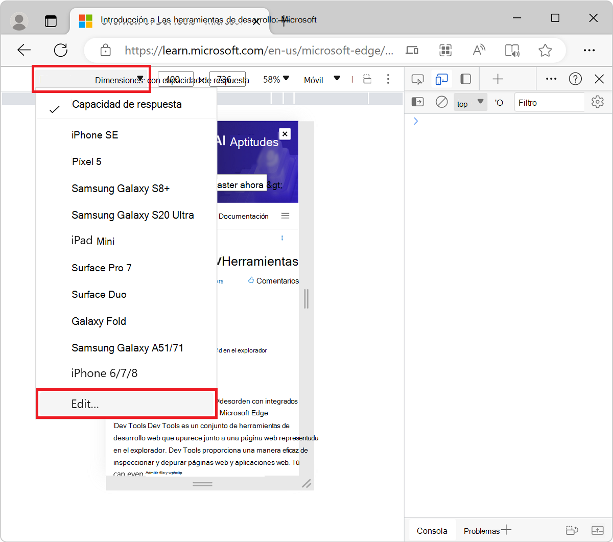 Selección de Editar en la lista Dispositivo