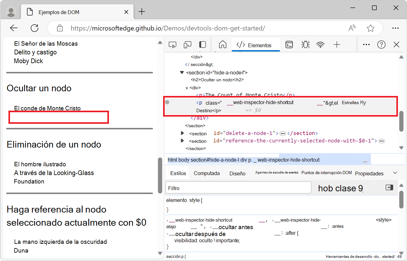 El aspecto del nodo en el árbol DOM después de ocultarlo