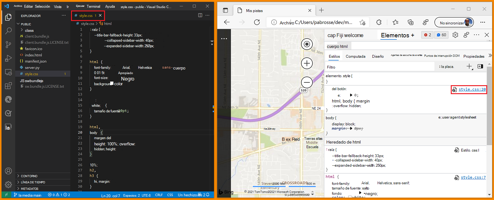 Al seleccionar un vínculo de archivo en la herramienta Estilos, se abre el archivo en Visual Studio Code