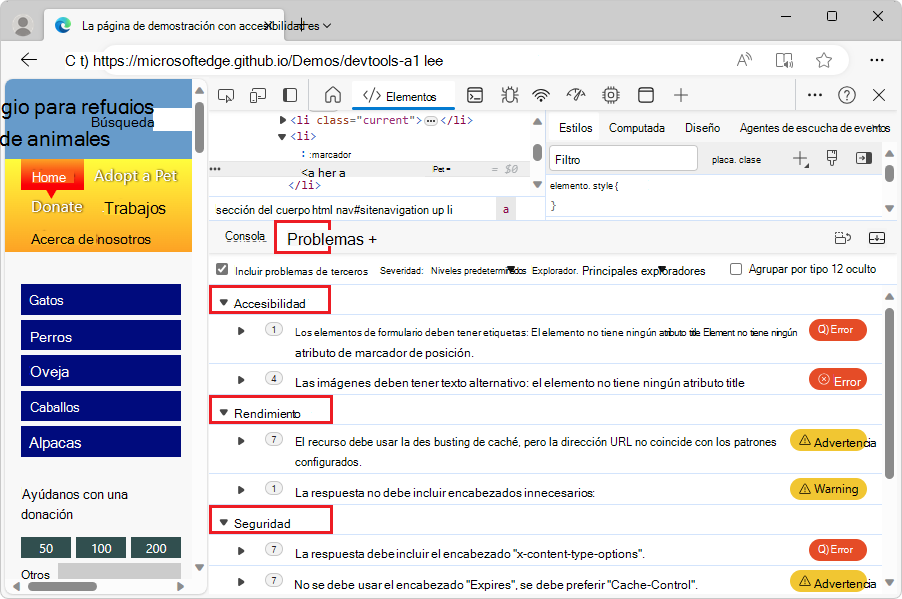 Categorías de problemas en la herramienta Problemas de la página de demostración