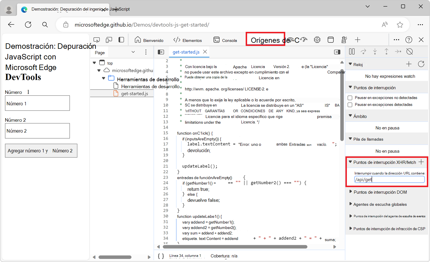 Creación de un punto de interrupción XHR