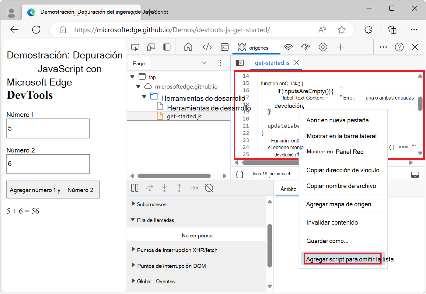 Adición de un script a la lista omitir desde el panel Editor