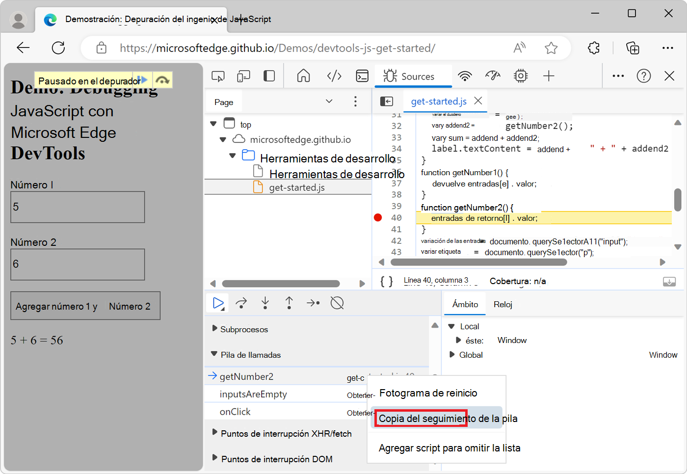 Comando Copiar seguimiento de pila