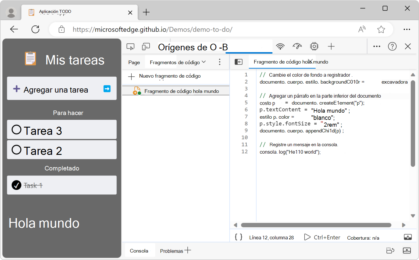 La página web, modificada por el fragmento de código