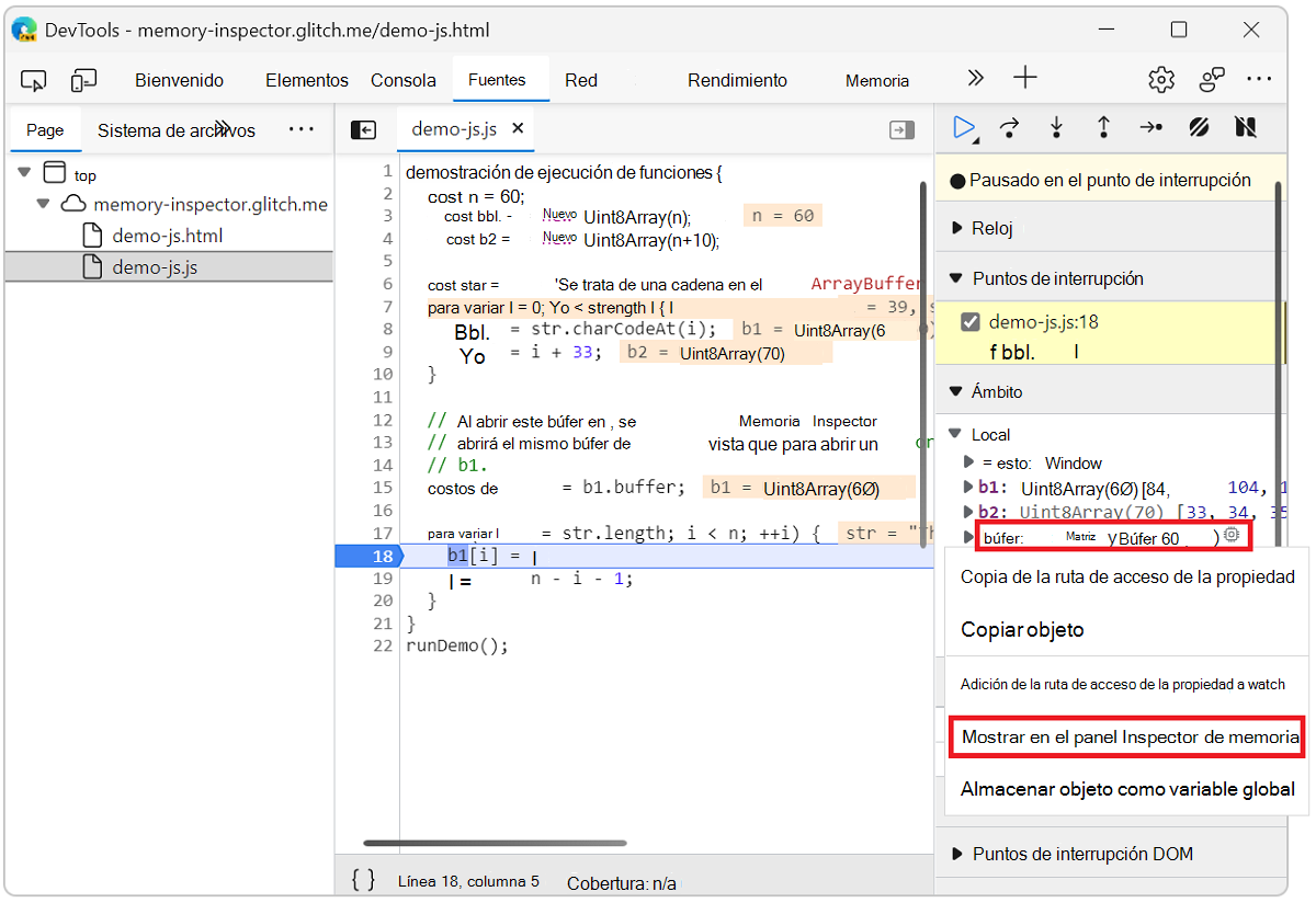 Abra el inspector de memoria en el menú contextual de la línea de propiedades del búfer.
